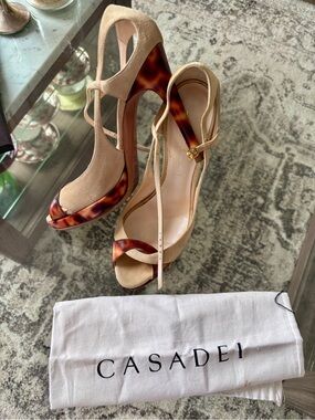 Casadei Beige Suede T-Strap Sandals with Tortoiseshell Platform Heel